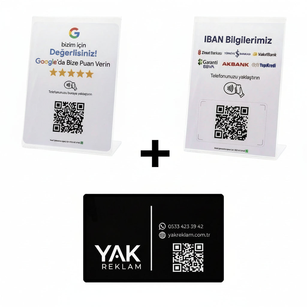 3'lü İşletme Seti: Akıllı IBAN Standı, Google Yorum Standı ve Dijital Kartvizit (NFC + QR)