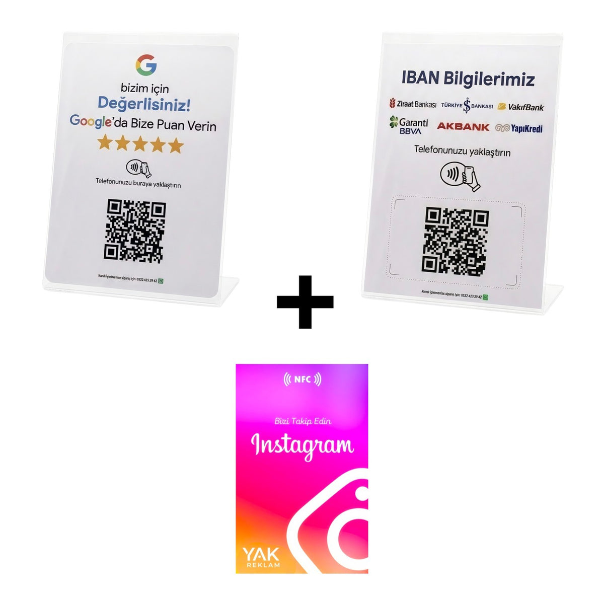 3'lü İşletme Seti: Akıllı IBAN Standı, Google Yorum Standı ve Instagram Takip Kartı(NFC + QR)